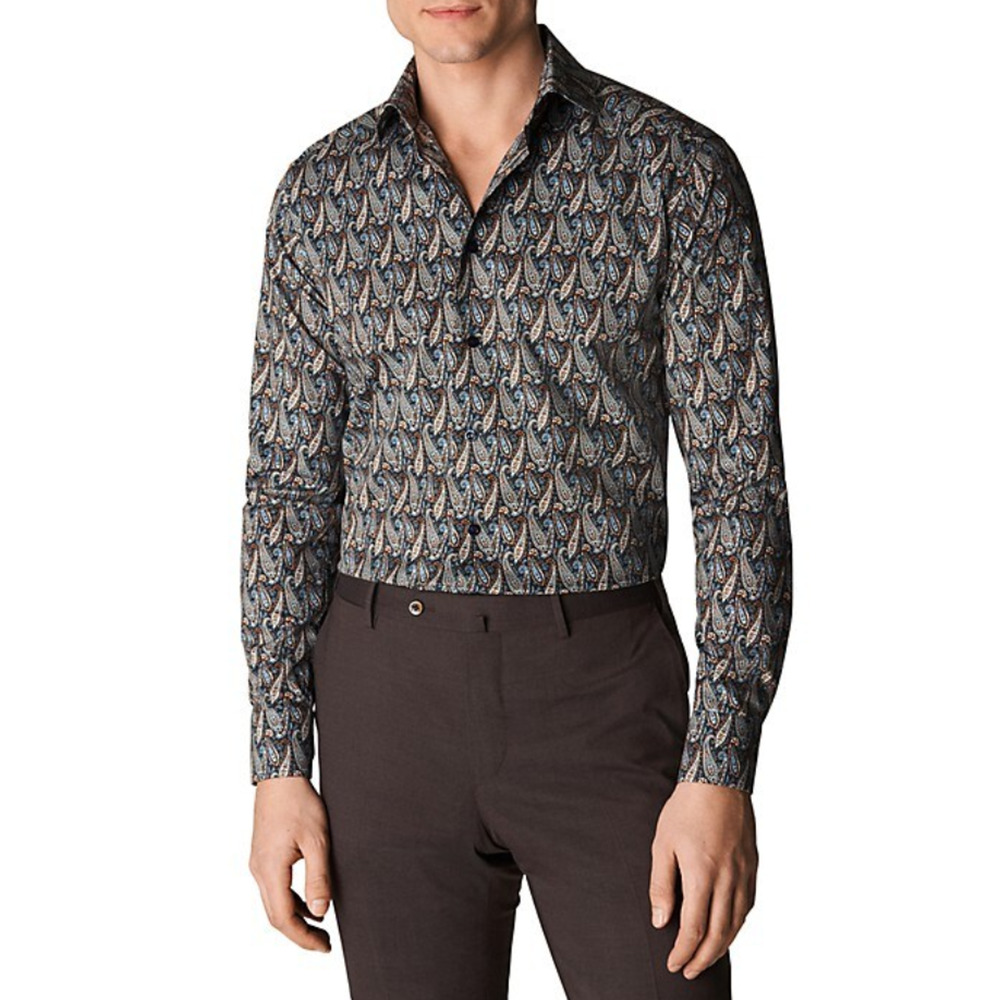 Eton Slim Fit Paisley Print Shirt Navy Size 15 2793